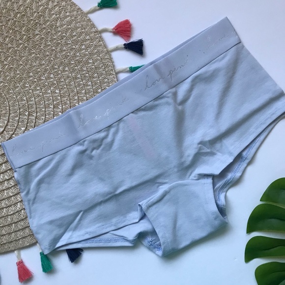 Victoria’s Secret PINK Logo Boyshort Panty Hydrangea Blue w Graphic Medium NEW - Picture 2 of 3